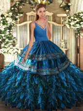 Stunning Blue V-neck Backless Ruffles Quinceanera Dresses Sleeveless