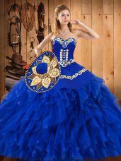 Custom Design Blue Satin and Organza Lace Up Sweetheart Sleeveless Floor Length Quinceanera Dress Embroidery and Ruffles