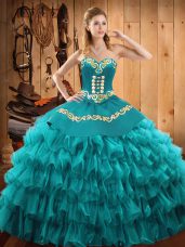 Sweetheart Sleeveless Satin and Organza Quinceanera Dresses Embroidery and Ruffled Layers Lace Up