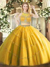 Flirting Sleeveless Tulle Floor Length Zipper Sweet 16 Quinceanera Dress in Gold with Beading