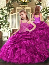 Latest Fuchsia Ball Gowns Organza Straps Sleeveless Beading and Ruffles Floor Length Lace Up Kids Pageant Dress