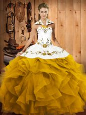 Decent Gold Sleeveless Floor Length Embroidery and Ruffles Lace Up Quinceanera Dress