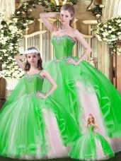 Sweetheart Sleeveless 15th Birthday Dress Floor Length Ruffles Green Organza