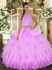 Lilac Quinceanera Dress Military Ball and Sweet 16 and Quinceanera with Beading and Appliques and Ruffles Halter Top Sleeveless Backless