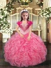 Floor Length Lace Up Child Pageant Dress Coral Red for Sweet 16 and Quinceanera and Wedding Party with Beading and Ruffles