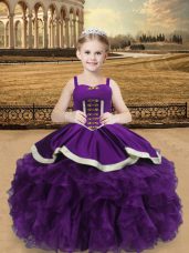 Beading and Ruffles Party Dress for Girls Eggplant Purple Lace Up Sleeveless Floor Length