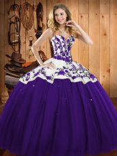 Satin and Tulle Sweetheart Sleeveless Lace Up Embroidery Sweet 16 Dress in Purple