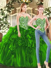 Ideal Sweetheart Sleeveless Quince Ball Gowns Floor Length Beading and Ruffles Dark Green Tulle