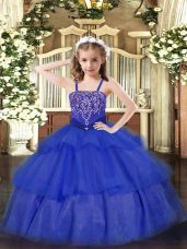 Royal Blue Child Pageant Dress Party and Quinceanera with Beading and Ruffled Layers Straps Sleeveless Lace Up