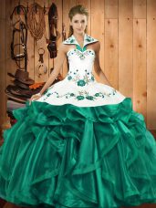 Floor Length Lace Up Quinceanera Dress Turquoise for Military Ball and Sweet 16 and Quinceanera with Embroidery and Ruffles