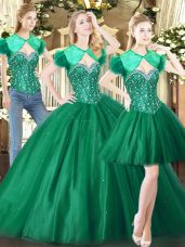Custom Design Tulle Sweetheart Sleeveless Lace Up Beading Sweet 16 Quinceanera Dress in Green