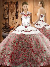Fashion Sleeveless Fabric With Rolling Flowers Sweep Train Lace Up Vestidos de Quinceanera in Multi-color with Embroidery