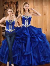 Noble Embroidery and Ruffles Sweet 16 Dress Royal Blue Lace Up Sleeveless Floor Length