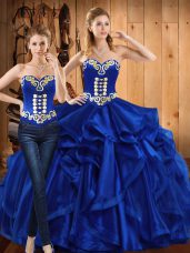 Noble Embroidery and Ruffles Sweet 16 Dress Royal Blue Lace Up Sleeveless Floor Length