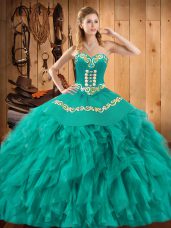 Satin and Organza Sleeveless Floor Length Sweet 16 Dresses and Embroidery and Ruffles