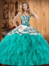 Sweetheart Sleeveless 15 Quinceanera Dress Floor Length Embroidery and Ruffles Turquoise Satin and Organza