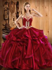 Organza Sweetheart Sleeveless Lace Up Embroidery and Ruffles Vestidos de Quinceanera in Wine Red