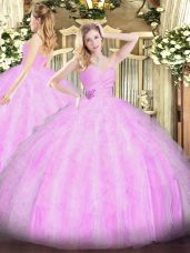 Sweetheart Sleeveless Quinceanera Dresses Floor Length Beading and Ruffles Lilac Organza