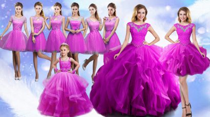 Floor Length Fuchsia Sweet 16 Quinceanera Dress Scoop Sleeveless Lace Up