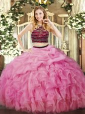 Inexpensive Floor Length Rose Pink Sweet 16 Dress Halter Top Sleeveless Zipper