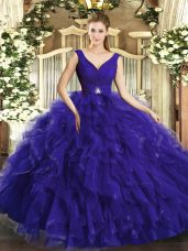 Ball Gowns Quince Ball Gowns Purple V-neck Organza Sleeveless Floor Length Backless