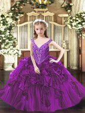 Floor Length Purple Party Dress for Toddlers Organza Sleeveless Beading and Ruffles