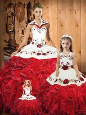 Stunning Halter Top Sleeveless Tulle Sweet 16 Dress Embroidery and Ruffles Lace Up