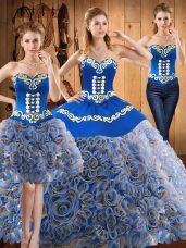 Satin and Fabric With Rolling Flowers Sweetheart Sleeveless Sweep Train Lace Up Embroidery Sweet 16 Dresses in Multi-color