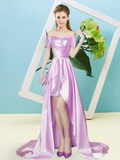 Off The Shoulder Short Sleeves Zipper Prom Gown Lilac Elastic Woven Satin and Sequined