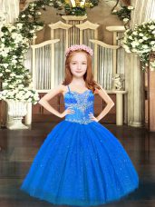 Admirable Blue Casual Dresses Party and Quinceanera with Beading Spaghetti Straps Sleeveless Lace Up