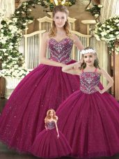 Dramatic Burgundy Tulle Lace Up Sweetheart Sleeveless Floor Length Quinceanera Gowns Beading