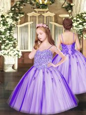 Sleeveless Tulle Floor Length Lace Up Little Girl Pageant Dress in Lavender with Appliques