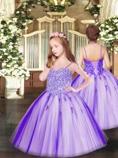 Sleeveless Tulle Floor Length Lace Up Little Girl Pageant Dress in Lavender with Appliques