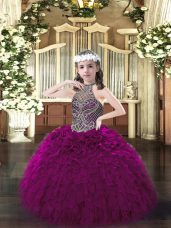 Discount Fuchsia Sleeveless Organza Lace Up Kids Pageant Dress for Party and Quinceanera