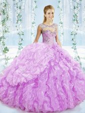 Lovely Lilac Sweetheart Lace Up Beading and Ruffles Sweet 16 Quinceanera Dress Brush Train Sleeveless