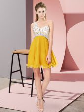 Edgy Gold Chiffon Criss Cross One Shoulder Sleeveless Mini Length Prom Dresses Beading