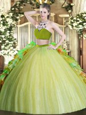 Dynamic Two Pieces Sweet 16 Dress Olive Green High-neck Tulle Sleeveless Floor Length Backless