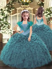 Fantastic Teal Sleeveless Beading and Ruffles Floor Length Kids Formal Wear