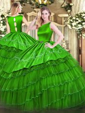 Free and Easy Scoop Sleeveless Ball Gown Prom Dress Floor Length Embroidery and Ruffled Layers Green Organza