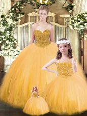 On Sale Floor Length Gold Vestidos de Quinceanera Tulle Sleeveless Beading