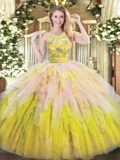 Low Price Halter Top Sleeveless Tulle Vestidos de Quinceanera Beading and Ruffles Zipper