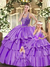 Lilac Ball Gowns Straps Sleeveless Organza Floor Length Lace Up Beading and Ruffled Layers Quinceanera Dress