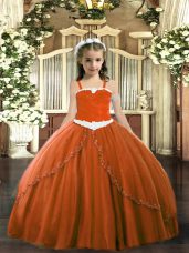 Excellent Rust Red Sleeveless Sweep Train Appliques Little Girl Pageant Gowns