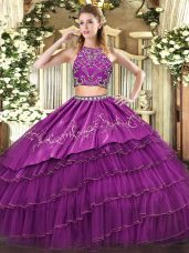 Custom Made Burgundy Two Pieces Beading and Embroidery and Ruffled Layers Quinceanera Dress Zipper Tulle Sleeveless Floor Length
