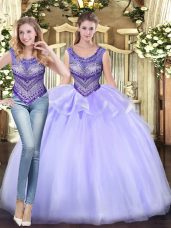 Enchanting Beading and Ruffles Sweet 16 Quinceanera Dress Lavender Lace Up Sleeveless Floor Length