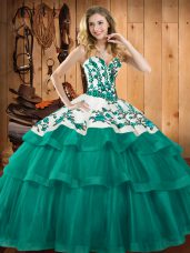 Turquoise Ball Gowns Organza Sweetheart Sleeveless Embroidery Lace Up Quinceanera Dress Sweep Train