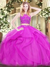 Two Pieces 15 Quinceanera Dress Fuchsia Scoop Tulle Sleeveless Floor Length Zipper