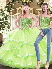Pretty Floor Length Lace Up Quinceanera Gowns Yellow Green for Military Ball and Sweet 16 and Quinceanera with Beading and Ruffled Layers