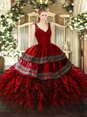 Wine Red Zipper Quinceanera Gown Beading and Appliques and Ruffles Sleeveless Floor Length