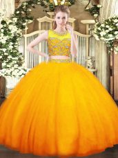 Modest Tulle Sleeveless Floor Length Quince Ball Gowns and Beading